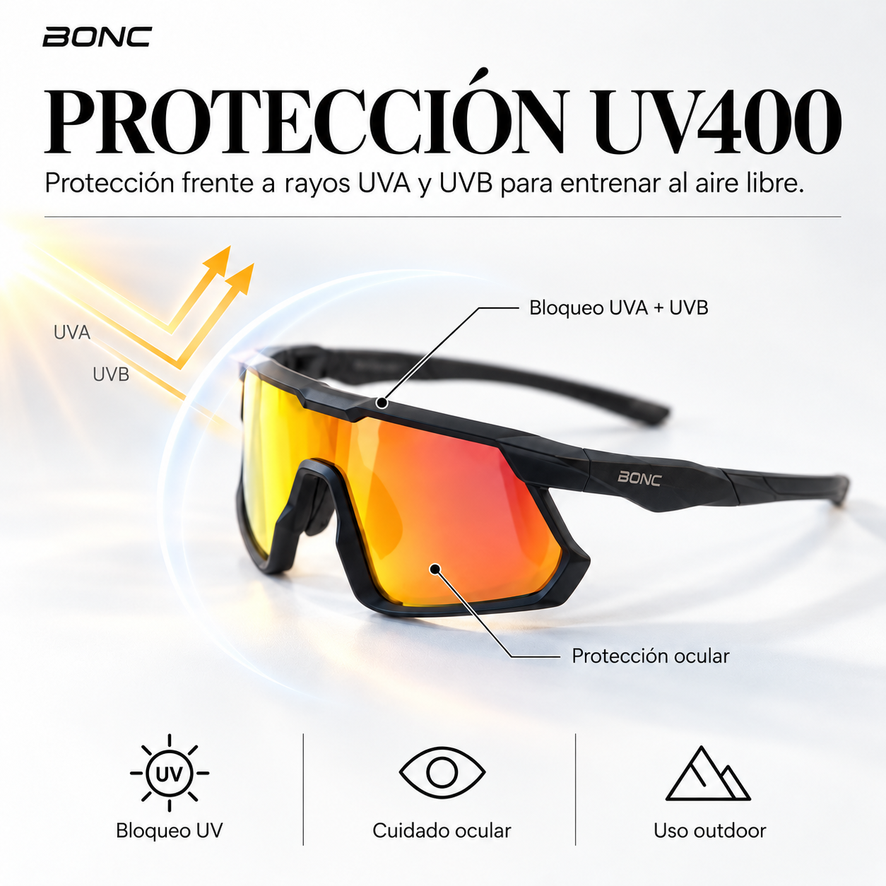Anteojos deportivos BONC CARDINAL con protecci&oacute;n UV400 frente a rayos UVA y UVB.